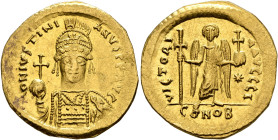Justinian I, 527-565. Solidus (Gold, 21 mm, 4.22 g, 6 h), Constantinopolis, circa 538-545. D N IVSTINIANVS P P AVI Helmeted and cuirassed bust of Just...