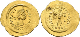 Justin II, 565-578. Tremissis (Gold, 17 mm, 1.50 g, 6 h), Constantinopolis. o N IVSTINVS P P AVI Diademed, beardless and draped bust of Justin II to r...
