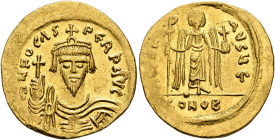 Phocas, 602-610. Solidus (Gold, 21 mm, 4.49 g, 6 h), Constantinopolis, 607-610. δ N FOCAS PERP AVI Draped and cuirassed bust of Phocas facing, wearing...