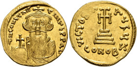 Constans II, 641-668. Solidus (Gold, 19 mm, 4.39 g, 6 h), Constantinopolis, 651-654. δ N CONSTANTINЧS P P AV Crowned and draped bust of Constans II fa...