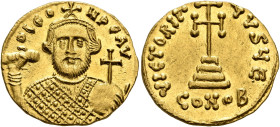 Leontius, 695-698. Solidus (Gold, 19 mm, 4.48 g, 6 h), Constantinopolis. D LЄON PЄ AV Bearded bust of Leontius facing, wearing crown and loros, holdin...