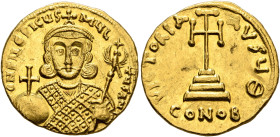 Philippicus (Bardanes), 711-713. Solidus (Gold, 20 mm, 4.48 g, 6 h), Constantinopolis. d N FILЄPICЧS MЧLTЧS AN Crowned bust of Philippicus facing, wea...