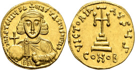 Anastasius II Artemius, 713-715. Solidus (Gold, 20 mm, 4.35 g, 6 h), Constantinopolis. D N APTЄMIЧS ANASTASIЧS MЧL Crowned and diademed bust of Anasta...