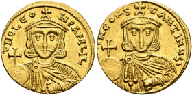 Leo III the "Isaurian", with Constantine V, 717-741. Solidus (Gold, 19 mm, 4.54 g, 6 h), Constantinopolis, circa 732-737. δ NO LЄO-N PA MЧL Crowned an...