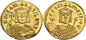 Michael II the Amorian, with Theophilus, 820-829. Solidus (Gold, 20 mm, 4.43 g, 6 h), Constantinopolis, 821-829. ✱MIXAHL BASILЄЧS Crowned bust of Mich...