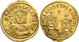 Theophilus, with Constantine and Michael II, 829-842. Solidus (Gold, 21 mm, 4.42 g, 6 h), Constantinopolis, 830/1-840. ✱ΘЄOFILOS bASILЄ'Λ Facing bust ...