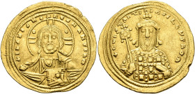 Constantine VIII, 1025-1028. Histamenon (Gold, 24 mm, 4.43 g, 6 h), Constantinopolis. +IҺS XIS RЄX RЄGNANTIҺm Bust of Christ facing, with cross-nimbus...