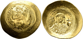 Constantine IX Monomachus, 1042-1055. Histamenon (Gold, 29 mm, 4.43 g, 6 h), Constantinopolis. +IhS XIS RЄX RЄGNANTIҺm Christ enthroned facing, wearin...