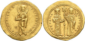 Theodora, 1055-1056. Histamenon (Gold, 24 mm, 4.43 g, 6 h), Constantinopolis. +IhS XIS DCX RCSNΛNTIhm Christ, nimbate, standing facing on footstool, w...