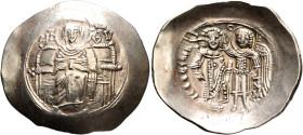 Isaac II Angelus, first reign, 1185-1195. Aspron Trachy (Electrum, 29 mm, 4.33 g, 12 h), Constantinopolis. The Virgin Mary enthroned facing, nimbate, ...