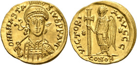 Anastasius I, 491-518. Solidus (Gold, 20 mm, 4.37 g, 6 h), Thessalonica, circa 491-492. D N ANASTASIVS P P AVG Pearl-diademed, helmeted and cuirassed ...