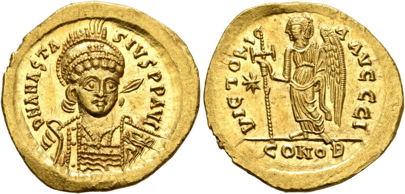 Anastasius I, 491-518. Solidus (Gold, 20 mm, 4.49 g, 6 h), Constantinopolis, cir...