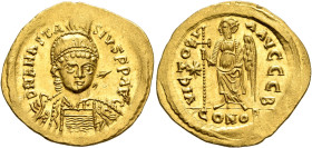 Anastasius I, 491-518. Solidus (Gold, 23 mm, 4.50 g, 6 h), Constantinopolis, circa 507-518. D N ANASTASIVS P P AVG Pearl-diademed, helmeted and cuiras...