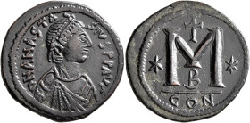 Anastasius I, 491-518. Follis (Bronze, 33 mm, 19.37 g, 6 h), Constantinopolis, 512-517. D N ANASTASIVS P P AVG Diademed, draped and cuirassed bust of ...