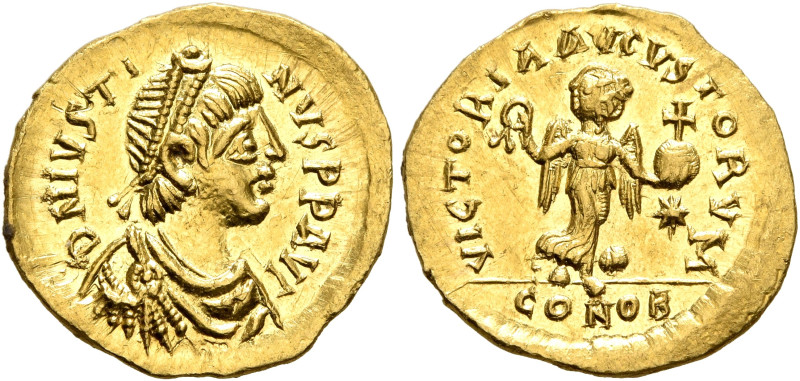 Justin I, 518-527. Tremissis (Gold, 15 mm, 1.50 g, 6 h), Constantinopolis. D N I...