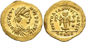 Justin I, 518-527. Tremissis (Gold, 15 mm, 1.50 g, 6 h), Constantinopolis. D N IVSTINVS P P AVG Diademed, draped and cuirassed bust of Justin I to rig...