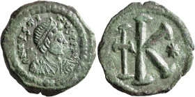 Justin I, 518-527. Half Follis (Bronze, 26 mm, 9.88 g, 6 h), Thessalonica, circa 518-522. D N IVSTINVS P P AVI Diademed, draped and cuirassed bust of ...