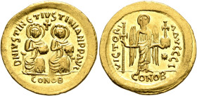 Justin I & Justinian I, 527. Solidus (Gold, 20 mm, 4.49 g, 6 h), Constantinopolis, 4 April-1 August 527. D N IVSTIN ЄT IVSTINIAN P P AVG / CONOB Justi...