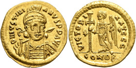 Justinian I, 527-565. Solidus (Gold, 19 mm, 4.40 g, 6 h), Thessalonica, circa 527-542. D N IVSTINIANVS P P AVG Pearl-diademed, helmeted and cuirassed ...