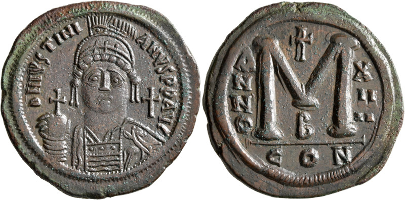 Justinian I, 527-565. Follis (Bronze, 38 mm, 23.42 g, 6 h), Constantinopolis, RY...
