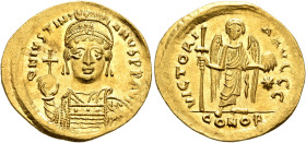 Justinian I, 527-565. Solidus (Gold, 21 mm, 4.43 g, 6 h), Thessalonica, circa 542-562. D N IVSTINIANVS P P AVG Helmeted, diademed and cuirassed bust o...