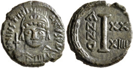 Justinian I, 527-565. Decanummium (Bronze, 16 mm, 3.27 g, 12 h), Rome, RY 34 = 560/1. D N IVSTINIANVS P AV Helmeted, diademed and cuirassed bust of Ju...
