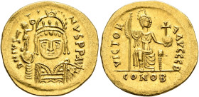 Justin II, 565-578. Solidus (Gold, 20 mm, 4.40 g, 6 h), Carthage, 566-567. D N IVSTINVS P P AV Helmeted, diademed and cuirassed bust of Justin II faci...