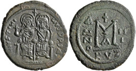Justin II, with Sophia, 565-578. Follis (Bronze, 33 mm, 16.22 g, 6 h), Cyzicus, RY 3 = 567/8. D N IVSTININVS P P S AC Justin II, holding globus crucig...
