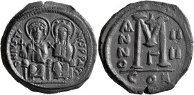 Justin II, with Sophia, 565-578. Follis (Bronze, 29 mm, 16.80 g, 6 h), Constantinopolis, RY 4 = 568/9. D N IVSTINVS P P AVC Justin II, holding globus ...