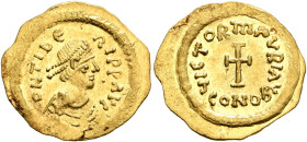 Maurice Tiberius, 582-602. Tremissis (Gold, 17 mm, 1.46 g, 6 h), Constantinopolis. O N TIbЄRI P P AVC Pearl-diademed, draped and cuirassed bust of Mau...