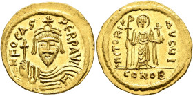 Phocas, 602-610. Solidus (Gold, 21 mm, 4.52 g, 7 h), Constantinopolis, 607-609. δ N FOCAS PERP AVC Draped and cuirassed bust of Phocas facing, wearing...