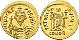 Phocas, 602-610. Solidus (Gold, 21 mm, 4.49 g, 6 h), Constantinopolis, 607-609. δ N N FOCAS PERP AVC Draped and cuirassed bust of Phocas facing, weari...