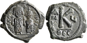 Heraclius, with Heraclius Constantine, 610-641. Half Follis (Bronze, 24 mm, 6.21 g, 12 h), Thessalonica, RY 5 = 614/5. O N hЄRACIҺS P P AAЧ Heraclius,...