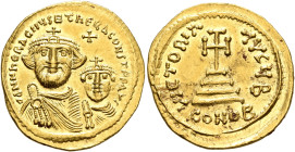 Heraclius, with Heraclius Constantine, 610-641. Solidus (Gold, 21 mm, 4.52 g, 6 h), Constantinopolis, circa 616-625. dd NN hERACLIЧS ET hERA CONST P P...