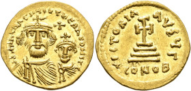 Heraclius, with Heraclius Constantine, 610-641. Solidus (Gold, 20 mm, 4.39 g, 6 h), Constantinopolis, circa 616-625. dd NN hERACLIЧS ET hERA CONST Cro...