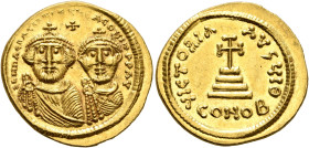 Heraclius, with Heraclius Constantine, 610-641. Solidus (Gold, 20 mm, 4.45 g, 6 h), Constantinopolis, circa 625-629. dd NN hERACLIЧS ET hERA CONST P P...