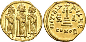 Heraclius, with Heraclius Constantine and Heraclonas, 610-641. Solidus (Gold, 17 mm, 4.44 g, 6 h), Constantinopolis, 637-638. Heraclius, Heraclius Con...