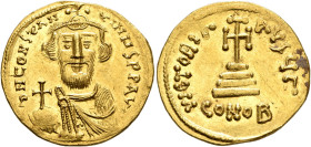 Constans II, 641-668. Solidus (Gold, 20 mm, 4.40 g, 6 h), Constantinopolis, 650-651. δ N CONSTANTINЧS P P AVC Crowned, draped and short-bearded bust o...