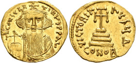 Constans II, 641-668. Solidus (Gold, 20 mm, 4.40 g, 6 h), Constantinopolis, 651-654. δ N CONSTANTINЧS P P AV Crowned and draped bust of Constans II fa...