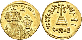 Constans II, with Constantine IV, 641-668. Solidus (Gold, 19 mm, 4.39 g, 6 h), Constantinopolis, circa 654-659. δ N CONSTANTINЧS C CONSTANTINV Crowned...