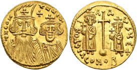 Constans II, with Constantine IV, Heraclius, and Tiberius, 641-668. Solidus (Gold, 19 mm, 4.46 g, 12 h), Constantinopolis, circa 659-661. δ N CONTNЧS ...