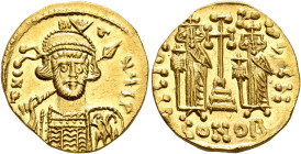 Constantine IV Pogonatus, 668-685. Solidus (Gold, 18 mm, 4.45 g, 6 h), Constantinopolis, circa 674-681. δ N CTNЧS P Helmeted, diademed and cuirassed b...