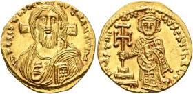 Justinian II, first reign, 685-695. Solidus (Gold, 18 mm, 4.45 g, 6 h), Constantinopolis, 692-695. IҺS CRISTOS RЄX RЄSNANTIЧM Draped facing bust of Ch...
