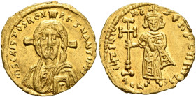 Justinian II, first reign, 685-695. Tremissis (Gold, 15 mm, 1.45 g, 1 h), Constantinopolis, 692-695. IҺS CRISTOS RЄX RЄSNANTIЧM Draped facing bust of ...