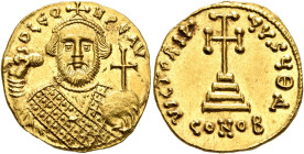 Leontius, 695-698. Solidus (Gold, 19 mm, 4.41 g, 6 h), Constantinopolis. D LЄON PЄ AV Bearded bust of Leontius facing, wearing crown and loros, holdin...