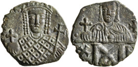 Constantine VI & Irene, 780-797. Follis (Bronze, 17 mm, 2.27 g, 7 h), Constantinopolis, 792-797. Facing bust of Irene, wearing crown and loros, holdin...