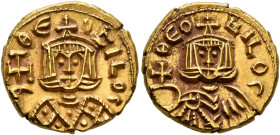 Theophilus, 829-842. Solidus (Gold, 15 mm, 3.89 g, 6 h), Syracuse, 830-831. ΘЄOFILOS Facing bust of Theophilus, wearing crown surmounted by cross and ...