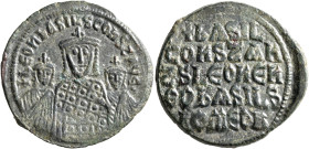 Basil I the Macedonian, with Constantine and Leo VI, 867-886. Follis (Bronze, 27 mm, 7.29 g, 6 h), Constantinopolis, 870-879. + LЄOҺ bASIL COҺST AЧGG ...