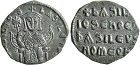 Basil I the Macedonian, 867-886. Follis (Bronze, 24 mm, 5.49 g, 6 h), Constantinopolis, 879-886. + bASILIOS bASILЄVS ✱ Basil I, seated facing on lyre-...