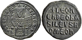 Leo VI the Wise, 886-912. Follis (Bronze, 26 mm, 8.60 g, 6 h), Constantinopolis. + LЄOҺ bASILЄVS ROm' ✱ Leo VI, seated facing on lyre-backed throne, w...